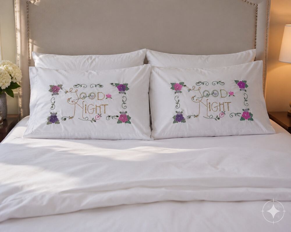 Vintage Bucilla Good Night Embroidered Pillowcases Floral Cottagecore USA T-160